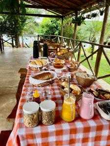 a picnic table with food on a checkered table cloth at Pousada Estância Mineira in Guapé