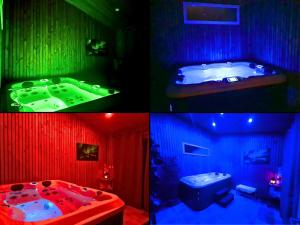 four different pictures of a bathroom with a jacuzzi tub at La Maévague - Villa 4 étoiles - Voyage entre mer et monde in Fouras