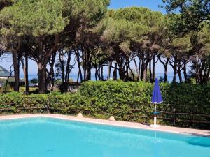 a blue swimming pool with a blue umbrella in front of trees at Rex Lo Scoglietto Punta Ala in Punta Ala