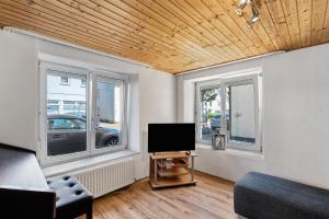 a living room with a tv and two windows at Ferienwohnung Hagen in Pfalzgrafenweiler