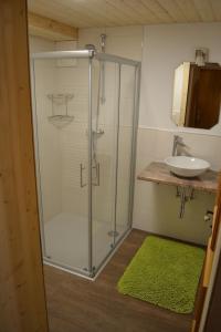 a glass shower in a bathroom with a sink at Ferienhaus Obersäuling in Stummerberg