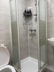 a bathroom with a shower with a toilet and a sink at Starlight Nights in Bradford