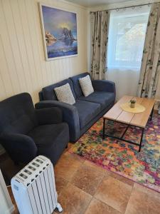 a living room with a blue couch and a table at Apartment at Lofoten. Mølnarodden. in Sund