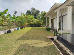 a backyard of a house with a grass yard at Guesthouse Sadamantra in Maniskaler