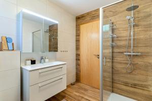 a bathroom with a shower with a sink and a mirror at Ferienwohnung Kuckucksnest in Lahr +17 photos