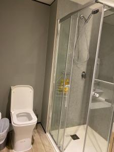 a bathroom with a shower and a toilet at Maho Escape- with Pool and Gym, Lagoon view, walk to Maho Beach and Mullet Bay, walk to dinning in Maho Reef