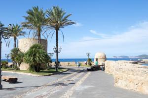 a street with palm trees and a wall and the ocean at Rosa dei Venti 2 in Alghero