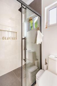 een badkamer met een glazen douche met toilet bij Arubini - aruba in Palm-Eagle Beach