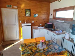 a small kitchen with a table and a table and a door at Cabañas domo La Morada del Lago in Tolhuin +22 photos