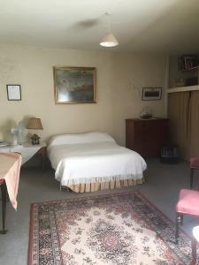 a bedroom with a bed and a table and a rug at Chez Janie Hirst - Chambres d'hôtes in Montboucher-sur-Jabron