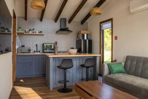 a living room with a couch and a kitchen at Lodge para parejas con jacuzzi hidromasaje in Panguipulli