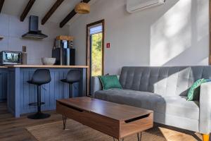 a living room with a couch and a coffee table at Lodge para parejas con jacuzzi hidromasaje in Panguipulli