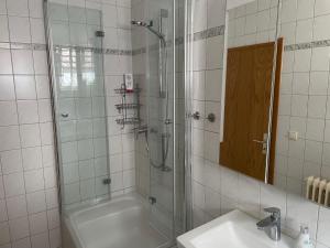 ゲンゲンバッハにあるApartment im Scheffelhausのシャワー、洗面台、浴槽を備えたバスルーム +6枚の写真