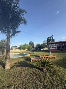 a park with two benches next to a palm tree at Depto Santa Cruz in Villa Santa Cruz del Lago