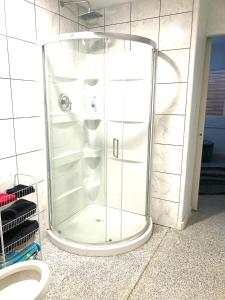 La salle de bains est pourvue d'une douche en verre et de toilettes. dans l'établissement Cozy & Stylish, à Aurora