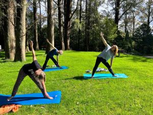 a group of people doing yoga in a park at Couple retreat, pet friendly Bilpin in Bilpin