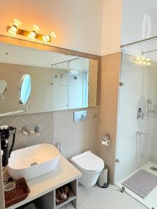 a bathroom with a sink and a toilet and a shower at Madhukar Vilas in Vrindāvan