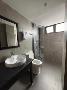 Un baño con lavabo, inodoro y espejo. en Hotel Mist Tree Mountain, en Gangtok