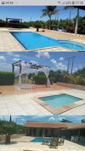 two pictures of a swimming pool with a tent at Hotel Pousada Trevo in Barretos +7 photos