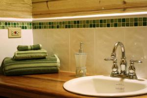 a bathroom sink with a green towel on a counter at SeaScape on Heavenly Bay in Castara