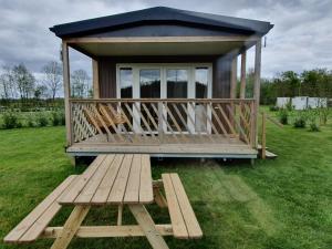 una pequeña cabaña con un banco en el césped en Holiday home in Schoonloo with balcony terrace, en Schoonloo 14 fotos más