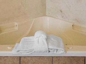 a pile of towels sitting in a bath tub at Quality Suites Jeffersonville - Louisville North in Clarksville +37 photos
