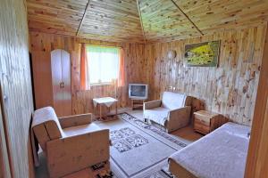 a living room with wood paneled walls and a television at Borowinka in Ustka