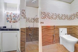 two pictures of a bathroom with a toilet and a shower at Heavens Inn Near Rasoolpura metro station in Secunderabad