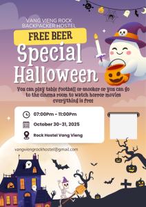 ein Flyer für eine Halloween-Party mit Freibier-Angebot in der Unterkunft Vangvieng Rock Backpacker Rooftop Hostel in Vang Vieng