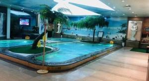 a large swimming pool with a palm tree in a building at Metropolitan Hotel in Sima