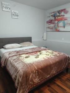 Enjoy Life in Heart of North Delta في دلتا: غرفة نوم بها سرير وبطانية عليه