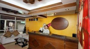 a woman standing behind a bar in a living room at De Hotel Veda in Kathmandu
