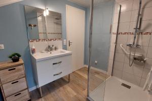 a bathroom with a sink and a shower at Gîte 8 pers avec jacuzzi et jardin Aurillac in Arpajon-sur-Cère +32 photos