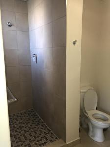 a bathroom with a toilet and a shower stall at Larkspur Place in East London