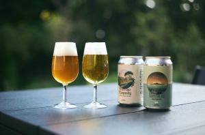 two glasses and two cans of beer on a table at GEOSPOT Motohakone A 2025年10月 New Open in Hakone