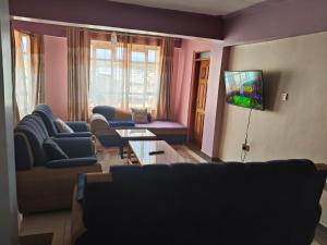 a living room with blue couches and a tv at Balozi Luxury Homes in Nanyuki