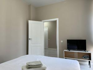 アルマトイにあるRiver Apartのベッドと薄型テレビのある寝室