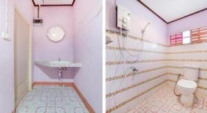 deux photos d'une salle de bain avec un lavabo et des toilettes dans l'établissement OYO 1143 Phet Luran Thai Resort Kohchang, à Ko Chang