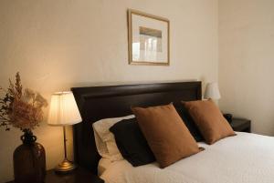 ein Schlafzimmer mit einem Bett mit Kissen und einer Lampe in der Unterkunft Dennis Cottage Clare Valley in Auburn