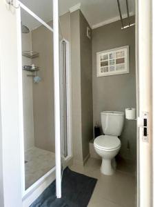 a bathroom with a toilet and a shower at SaltySky Penthouse in Gansbaai