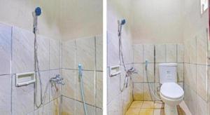 two pictures of a bathroom with a toilet at OYO 91353 Hotel Surya Andesa in Jetis