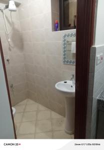 une salle de bain avec un lavabo, des toilettes et une douche dans l'établissement Prift Royal Apartments, à Meru