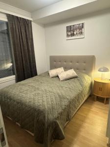 a bedroom with a bed and a window at Lapland Apartments with sauna and free WiFi and parking in Rovaniemi