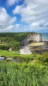 a large cliff next to a beach and the ocean at Gîte le clos Normand in Saint-Jouin-Bruneval +11 photos