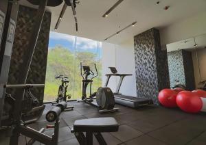 a gym with cardio equipment in a room with a large window at The Plaza Lodge Baguio in Camp John Hay