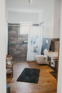 a bathroom with a toilet and a sink at Elbwärts Zuhause in Wittenberge +34 photos