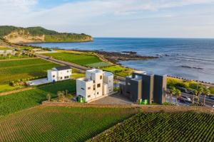 une vue aérienne d'un complexe hôtelier avec l'océan dans l'établissement Oceanview,Villa de 427, à Seogwipo