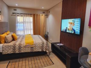 ハラレにあるEastern Road Executive Suitesのベッドと薄型テレビのある寝室