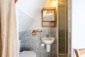 a small bathroom with a sink and a toilet at La Favière in Val Cenis