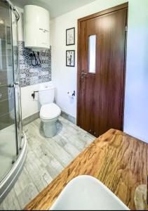 ChyżówkiにあるDomek pod Mogielicąのトイレとガラスのドアが付いたバスルーム +22枚の写真